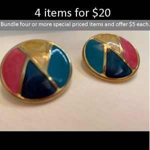 retro round pierced earrings Coral Yellow Turquoise Blue Enamel Gold Contrast